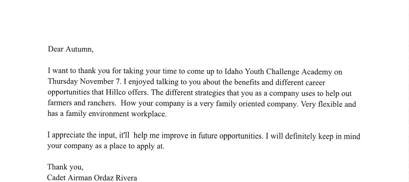 Hillco, volunteer, thank you letter, Idaho Youth Challenge Academy, cadet