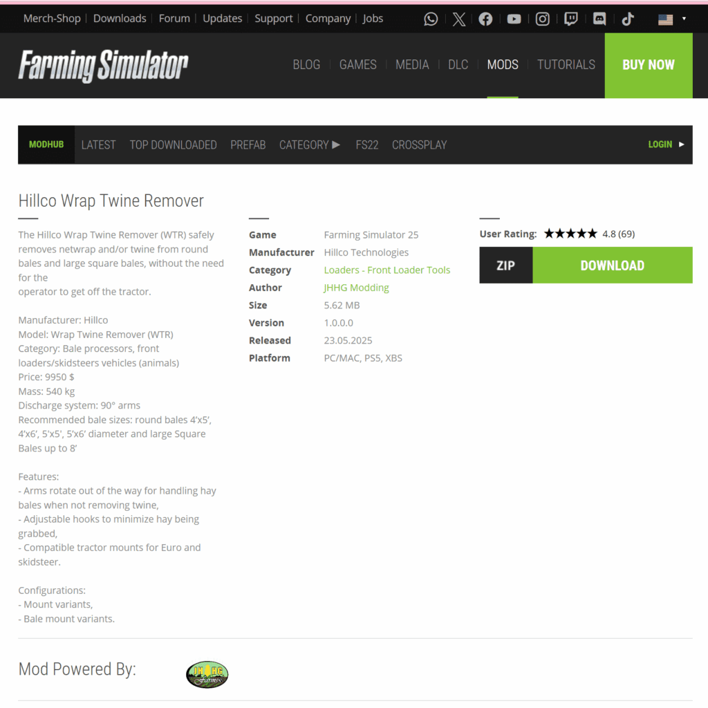 FS25, Farming Simulator Mod Hub, Mod Hub, Farm SIm 25, WTR Mod, Twin Removal Mod, netwrap removal mod, simulator twine remover